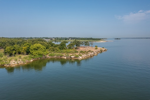 Aerial Drone View of a Grapevine, Texas lake.
